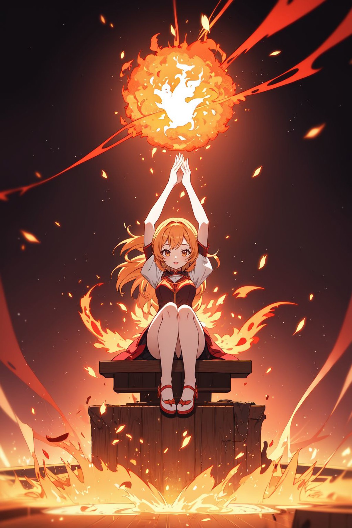 Step into a captivating scene featuring an anime girl seated on a floating platform, as vibrant fire particles ignite the ...